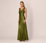 Sleeveless Bias Cut Foil Cowl Gown In Dark Olive 3