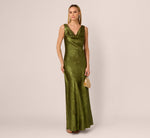 Sleeveless Bias Cut Foil Cowl Gown In Dark Olive 2