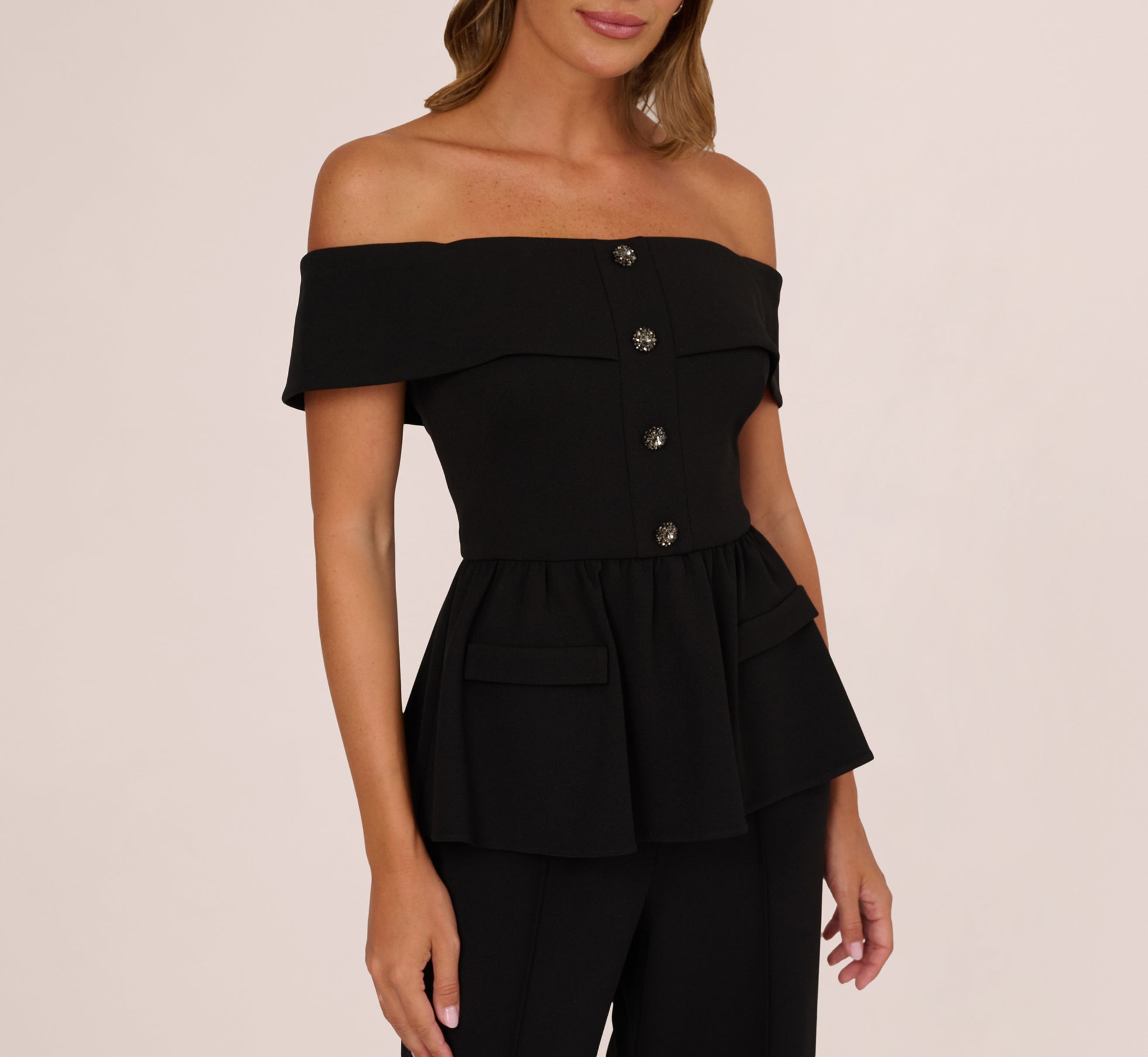 peplum jumper dress Black Off Shoulder Crepe Peplum Jumpsuit