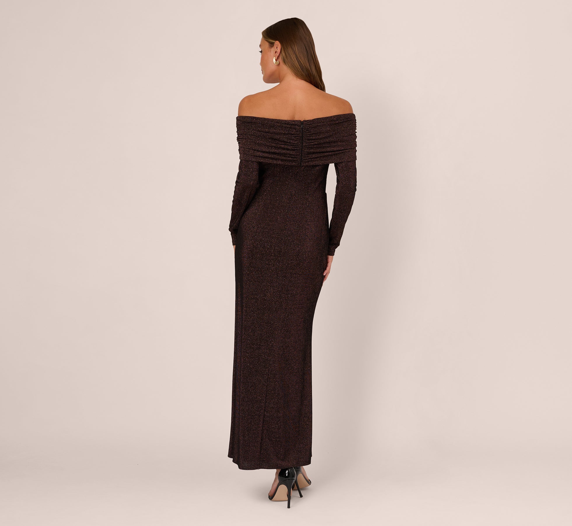 Adrianna Papell Long One Shoulder Gown - Metallic Knit Evening Dress With Waist Bow, Column Silhouette