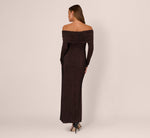 Off Shoulder Long Sleeve Metallic Knit Maxi Dress In Chocolate 6