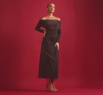 Off Shoulder Long Sleeve Metallic Knit Maxi Dress In Chocolate 1