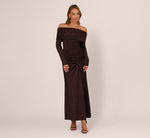 Off Shoulder Long Sleeve Metallic Knit Maxi Dress In Chocolate 3