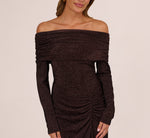 Off Shoulder Long Sleeve Metallic Knit Maxi Dress In Chocolate 4