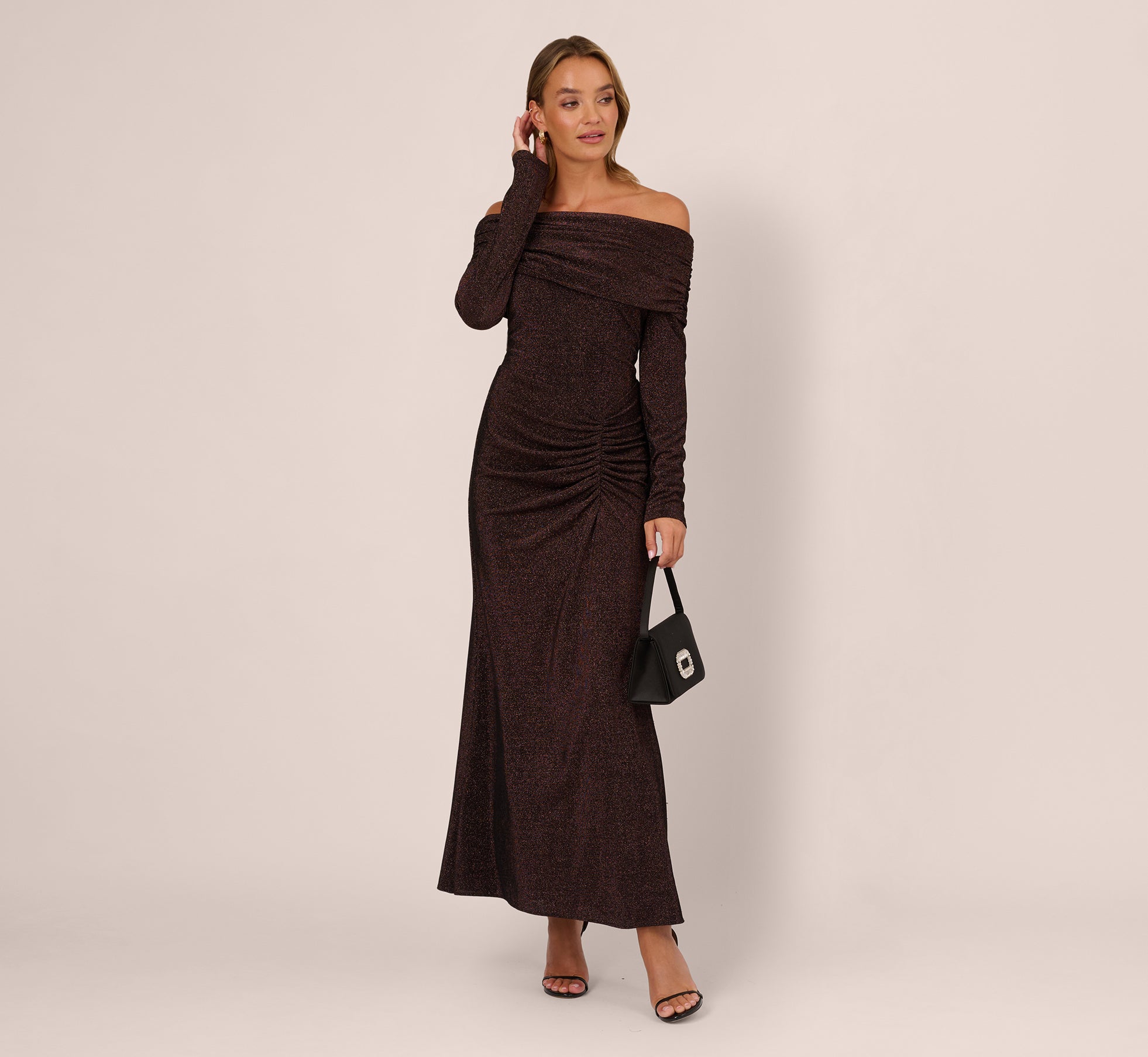 princess polly baby blue dress Chocolate Off Shoulder Long Sleeve Metallic Knit Maxi Dress
