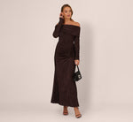 Off Shoulder Long Sleeve Metallic Knit Maxi Dress In Chocolate 2