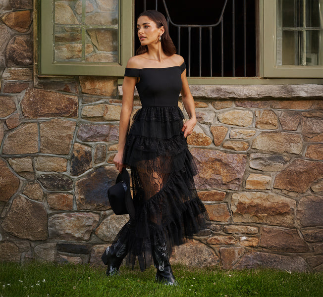 Adrianna Women's Off-The-Shoulder Layered Lace Gown - Black