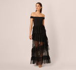Off Shoulder Lace Ruffle Combo Gown In Black 3