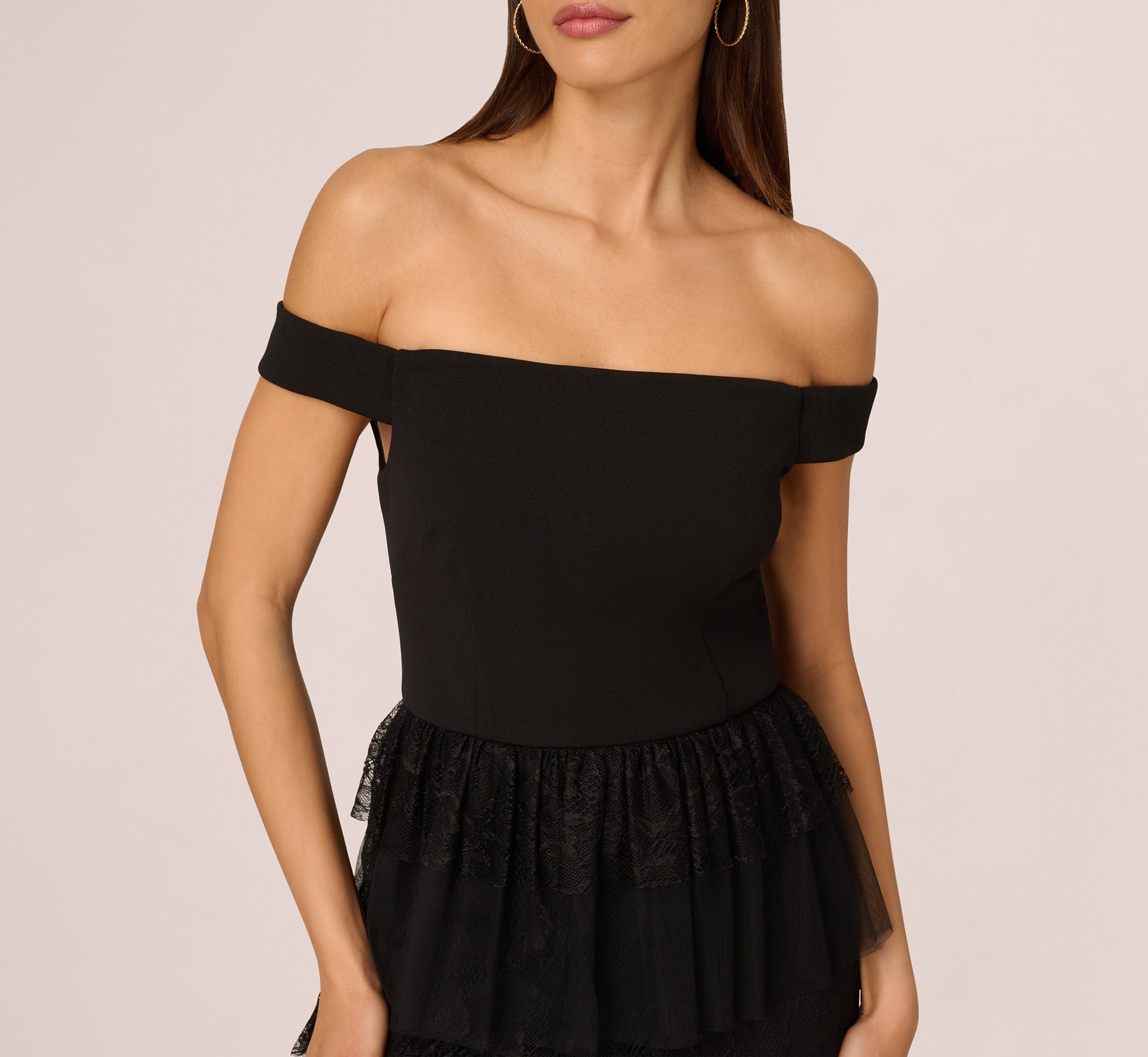 Black Off Shoulder Lace Ruffle Combo Gown - Adrianna Papell