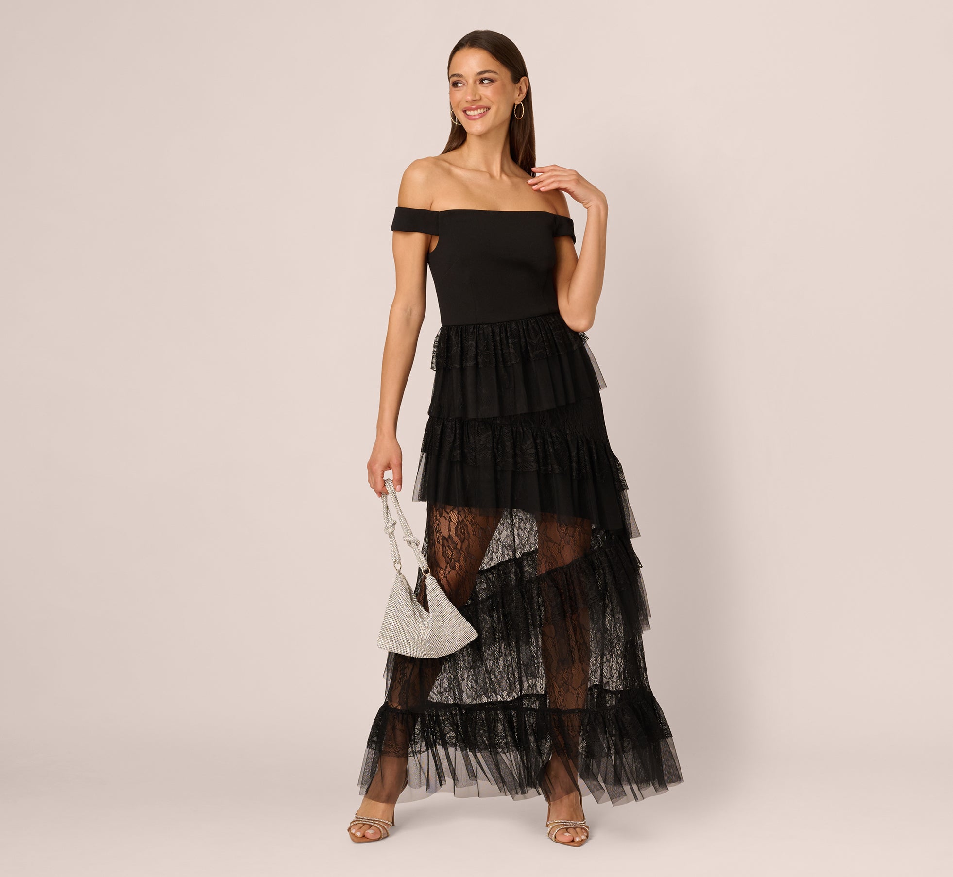 Black Off Shoulder Lace Ruffle Combo Gown - Adrianna Papell Black Off Shoulder Lace Ruffle Combo Gown - Adrianna Papell