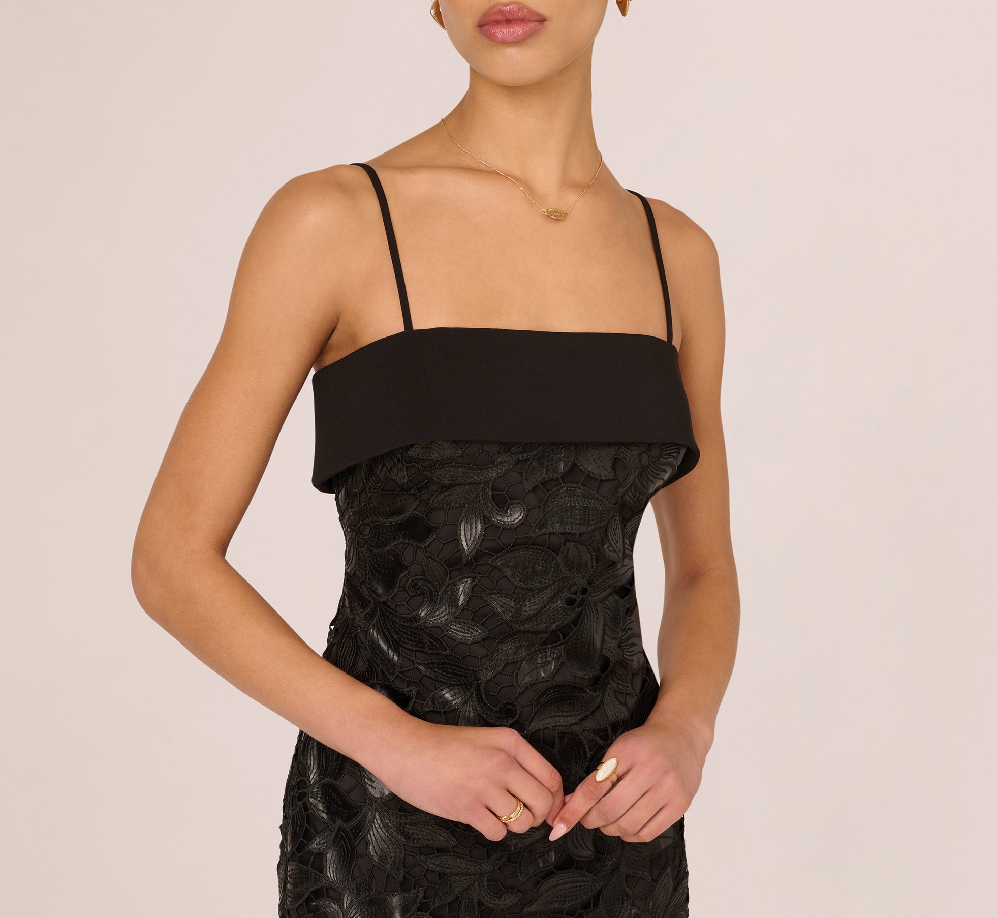 Black Faux Leather Cut Lace Midi Sheath Dress - Adrianna Papell Black Faux Leather Cut Lace Midi Sheath Dress - Adrianna Papell