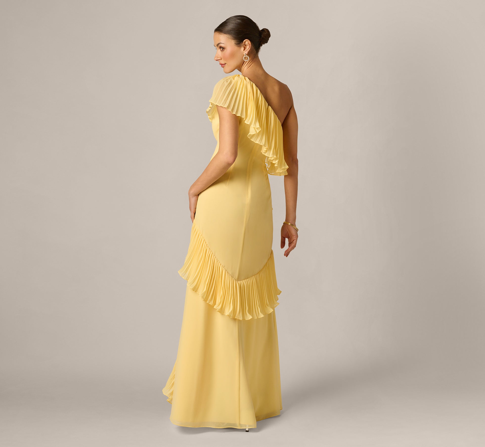 yellow or gold dress Adrianna Women's One-Shoulder Chiffon High Low Gown - Butter Vintage