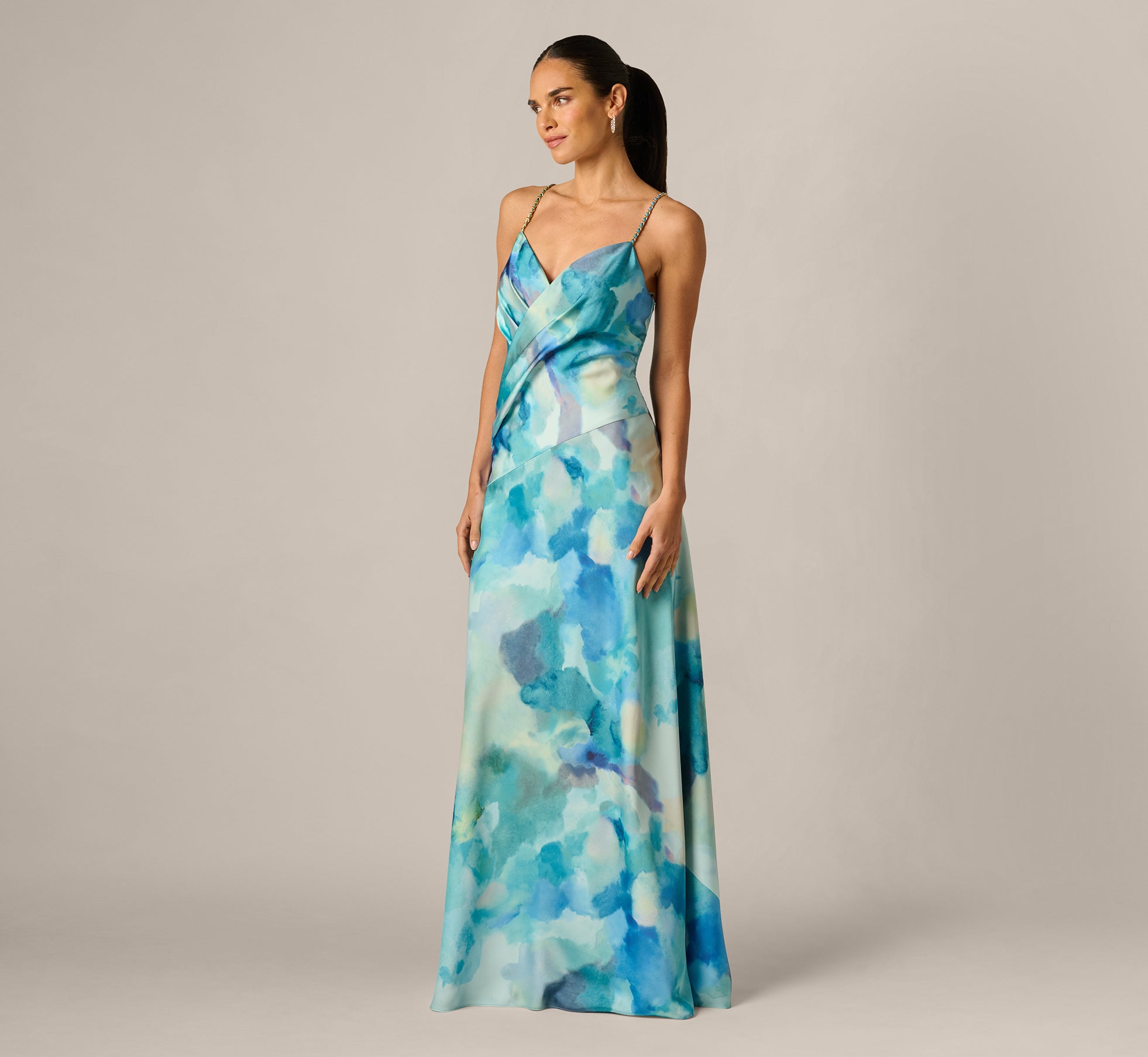 Draped Sateen Watercolor Gown In Blue Multi