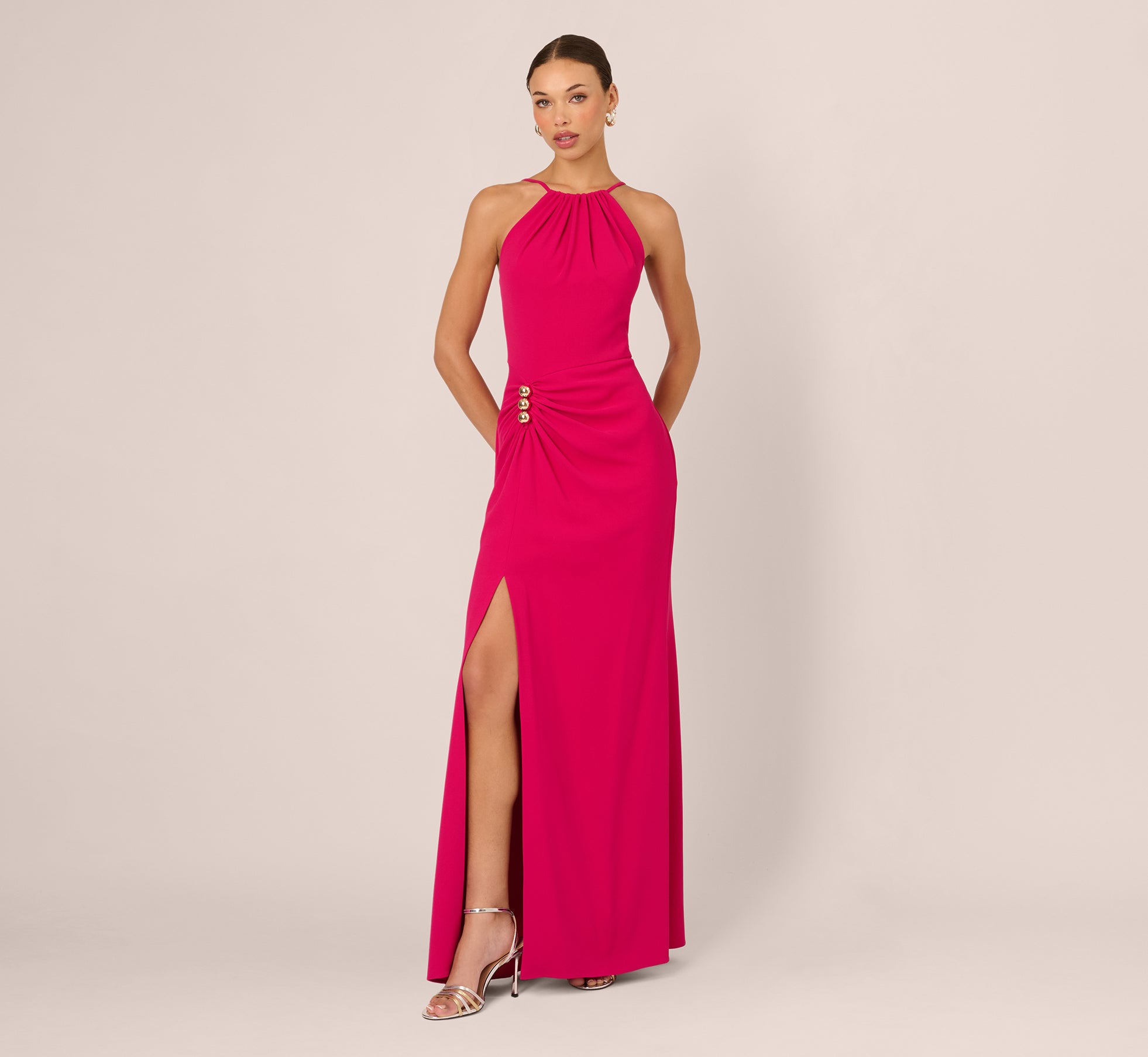 Adrianna Papell Gathered Stretch Crepe Halter Gown