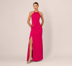Gathered Stretch Crepe Halter Gown In Bright Rose 2