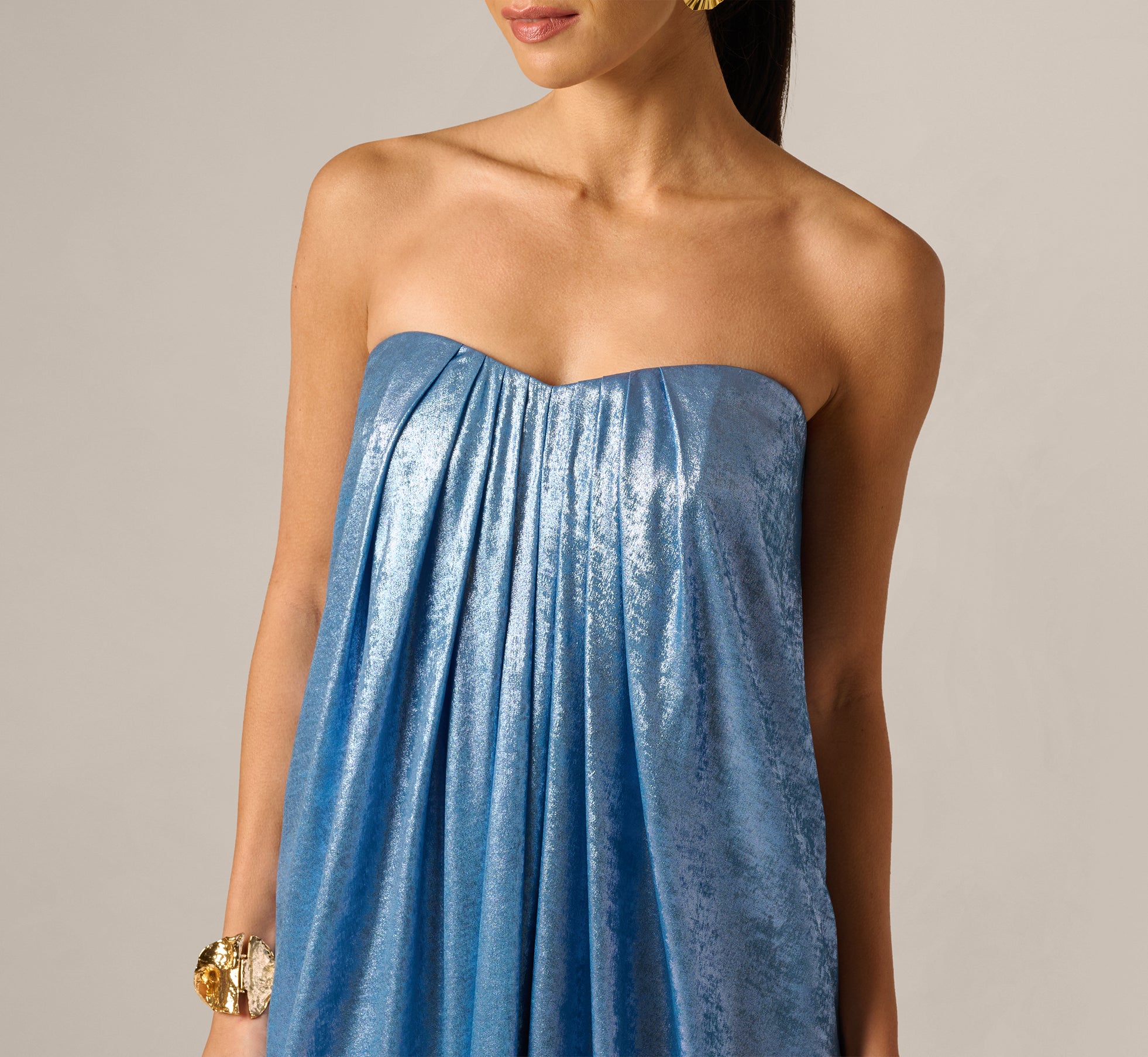 Blue Strapless Foil Chiffon Trapeze Gown