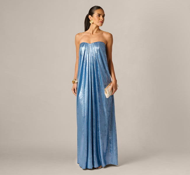 Strapless Foil Chiffon Trapeze Gown In Azure Blue