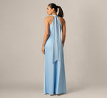 Bias Cut Stretch Satin Scarf Halter Gown In Azure Blue 5
