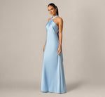 Bias Cut Stretch Satin Scarf Halter Gown In Azure Blue 2