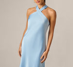 Bias Cut Stretch Satin Scarf Halter Gown In Azure Blue 3
