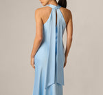 Bias Cut Stretch Satin Scarf Halter Gown In Azure Blue 4