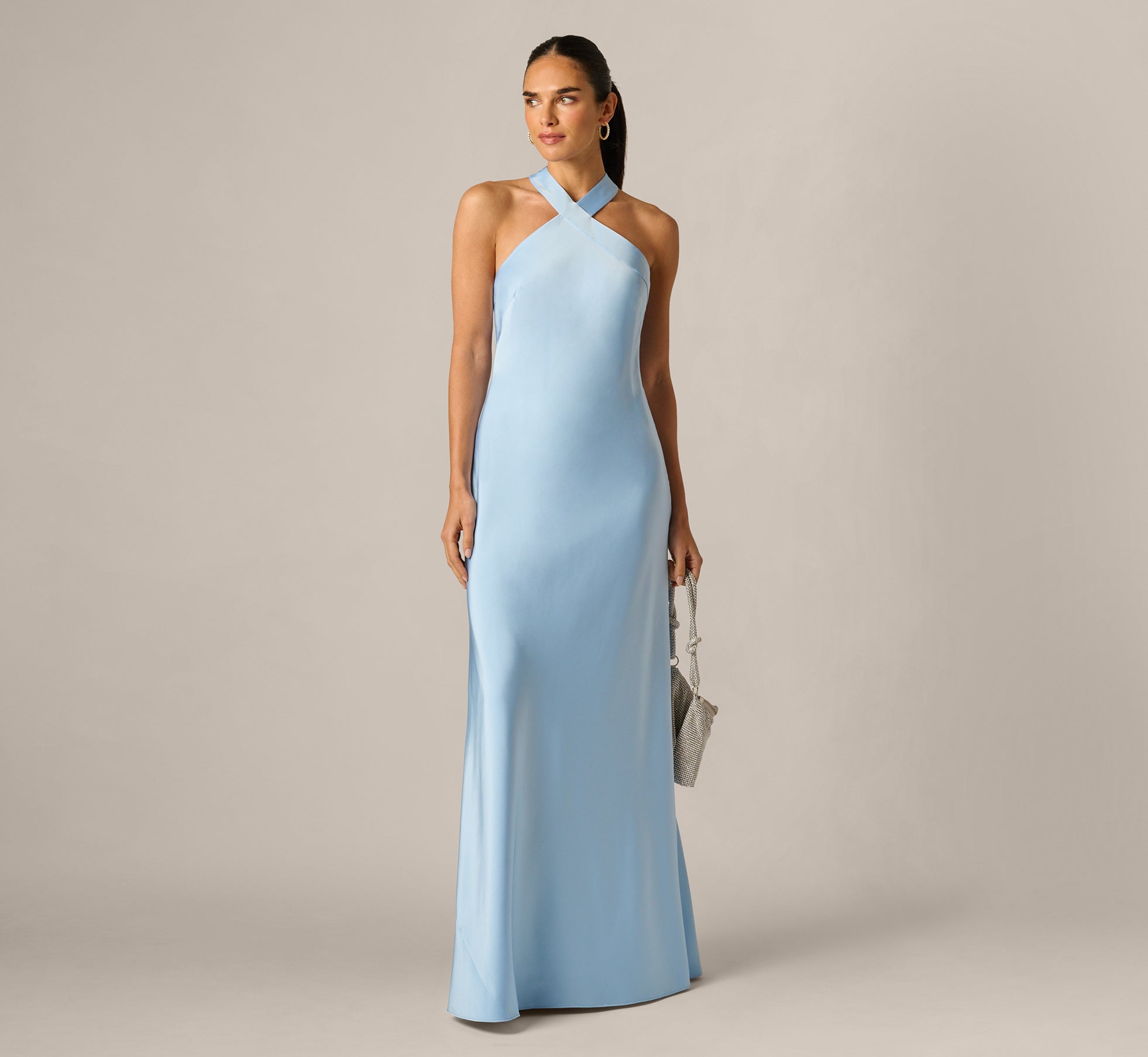 Bias Cut Stretch Satin Scarf Halter Gown In Azure Blue 1