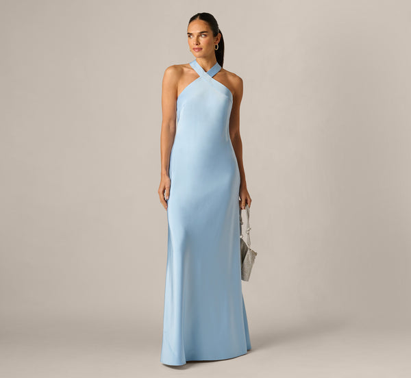 Blue Bias Cut Stretch Satin Scarf Halter Gown