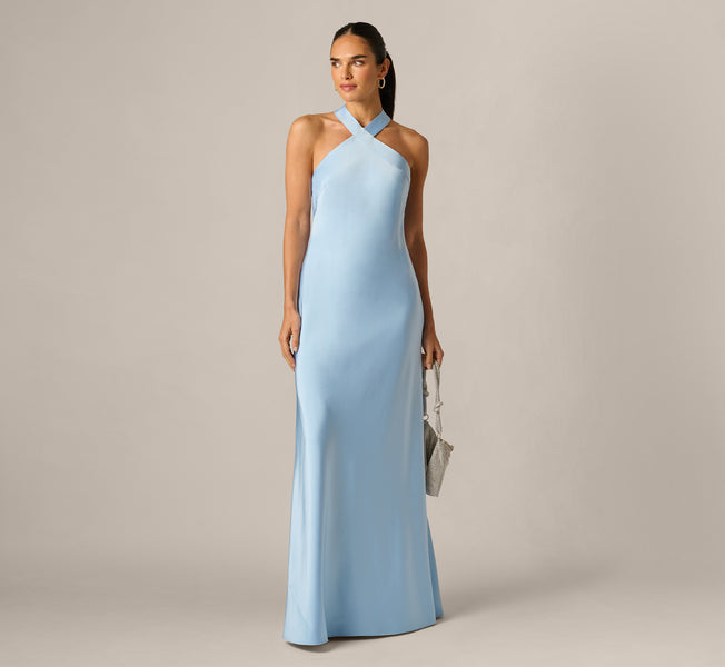 Blue Bias Cut Stretch Satin Scarf Halter Gown