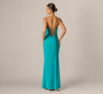 Stretch Satin Cross Back Cowl Neck Gown In Turquoise 5