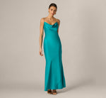 Stretch Satin Cross Back Cowl Neck Gown In Turquoise 2