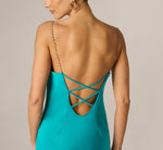 Stretch Satin Cross Back Cowl Neck Gown In Turquoise 4