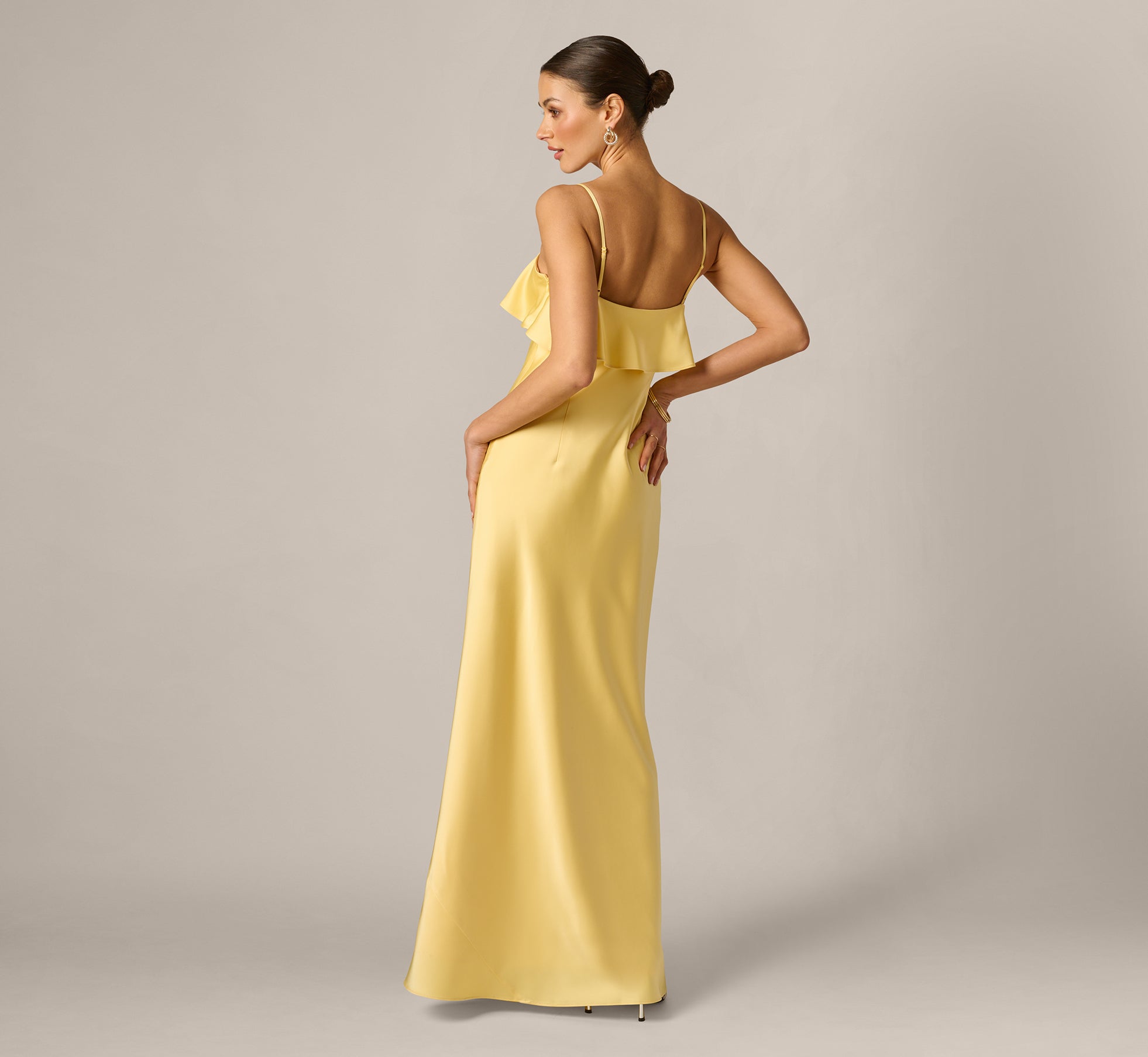 Butter Yellow Stretch Satin Flounce Rosette Slip Gown - Adrianna Papell Butter Yellow Stretch Satin Flounce Rosette Slip Gown - Adrianna Papell