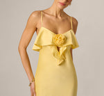 Stretch Satin Flounce Rosette Slip Gown In Butter Yellow 3