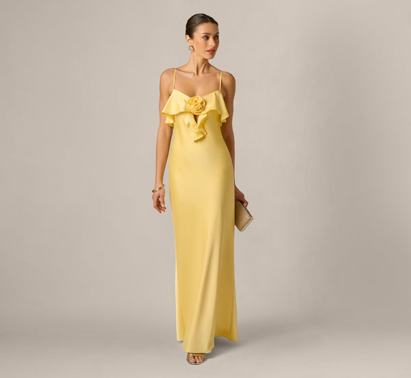 Adrianna Stretch Satin Long Dress - Butter Yellow