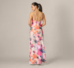 Cowl Neck 3D Floral Sateen Gown In Pink Orange Multi 5