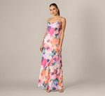 Cowl Neck 3D Floral Sateen Gown In Pink Orange Multi 2