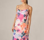 Cowl Neck 3D Floral Sateen Gown In Pink Orange Multi 3