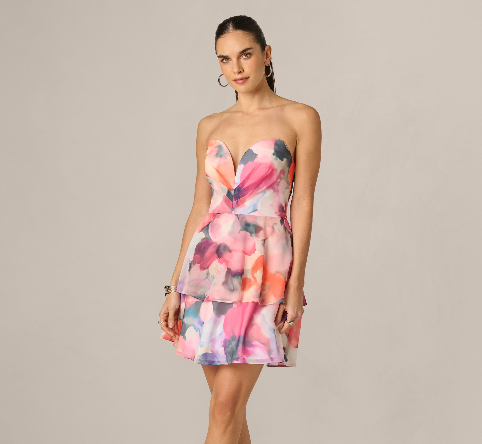 Pink Orange Multi Watercolor Floral Chiffon Sweetheart Mini Dress -  Adrianna Papell