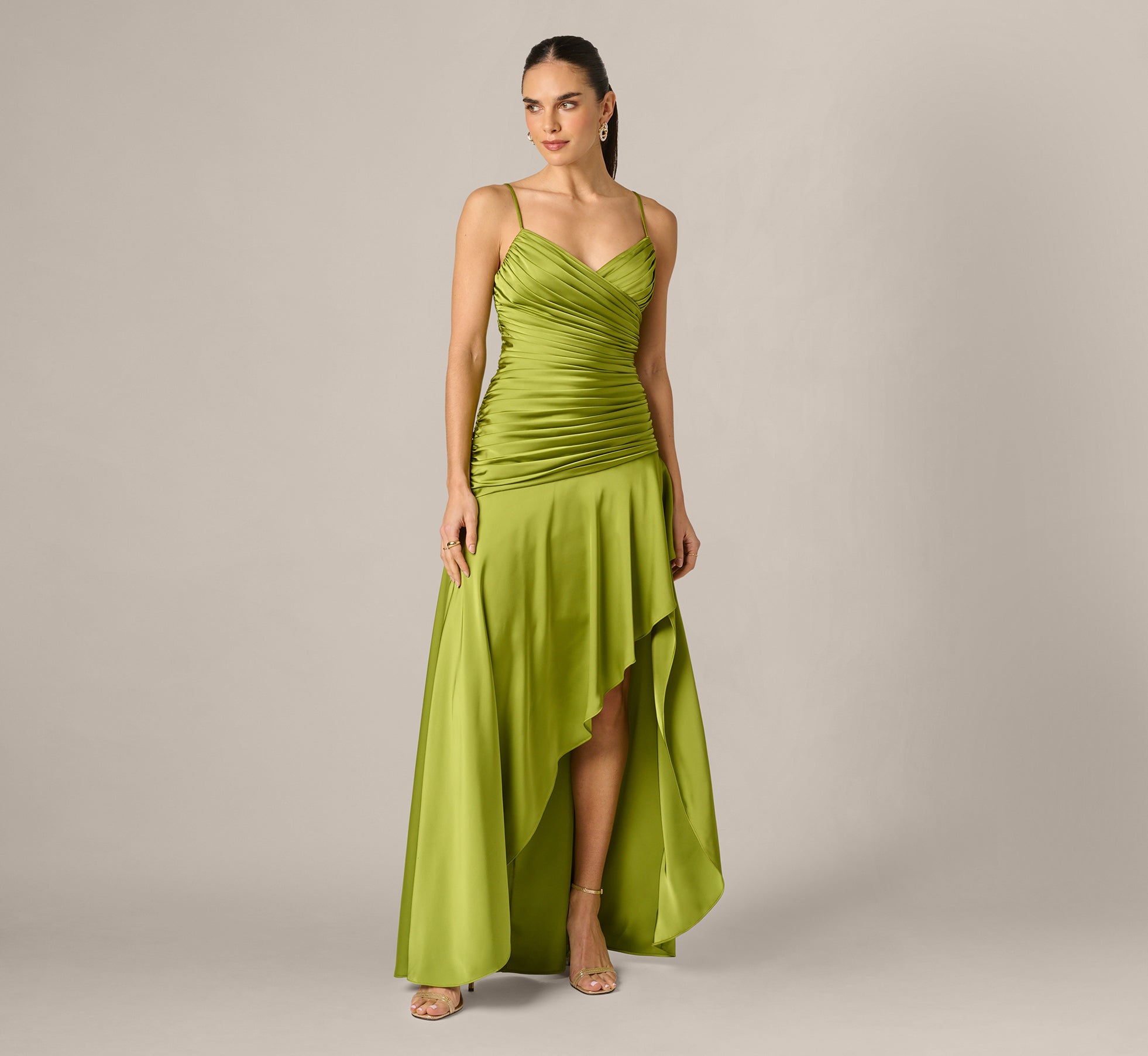 Adrianna Women's Strech V-Neck Satin Dress - Martini Olive