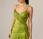 Asymmetrical High Low Stretch Satin Drop Waist Gown In Martini Olive 3