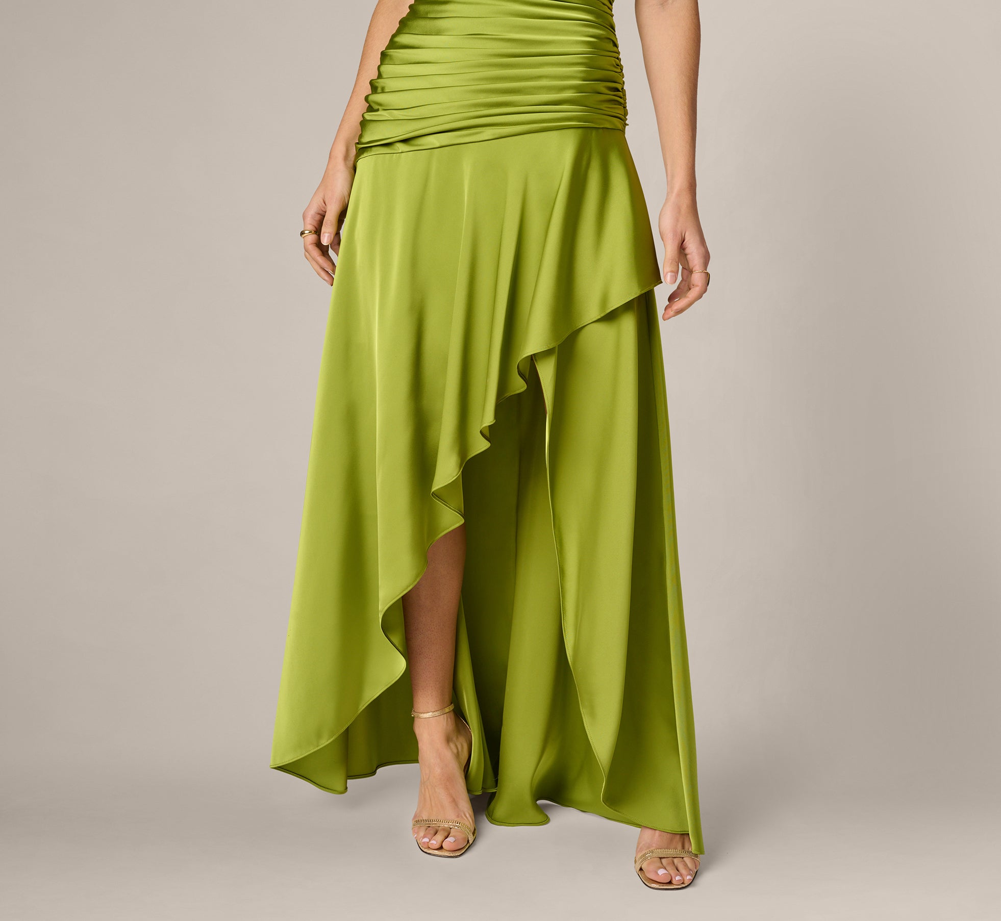 Asymmetrical High Low Stretch Satin Drop Waist Gown In Martini Olive -  Adrianna Papell