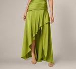 Asymmetrical High Low Stretch Satin Drop Waist Gown In Martini Olive 4