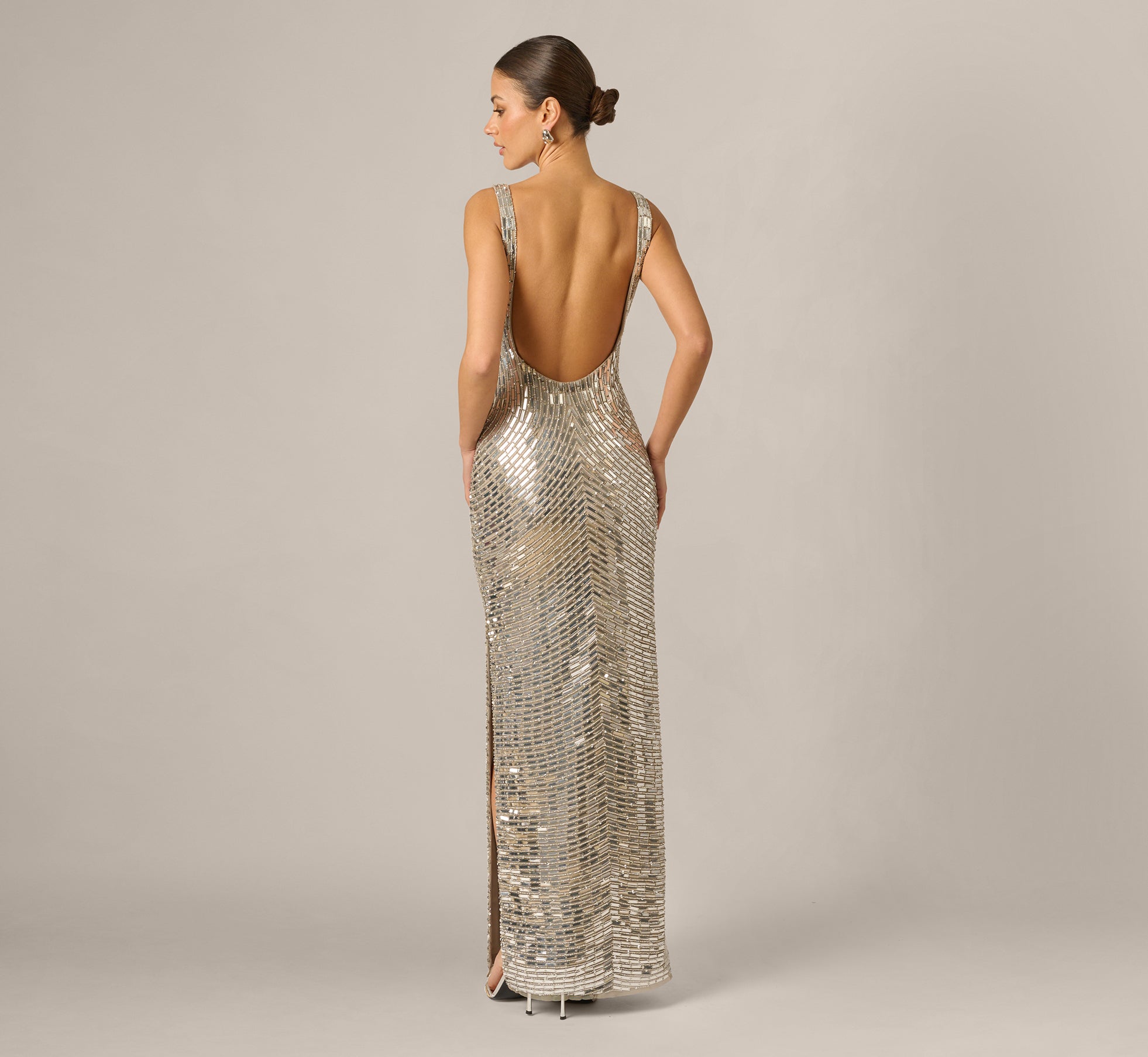 adrianna papell beaded v neck dress Adrianna Papell Beaded V-Neck Gown, Gunmetal Size (0)