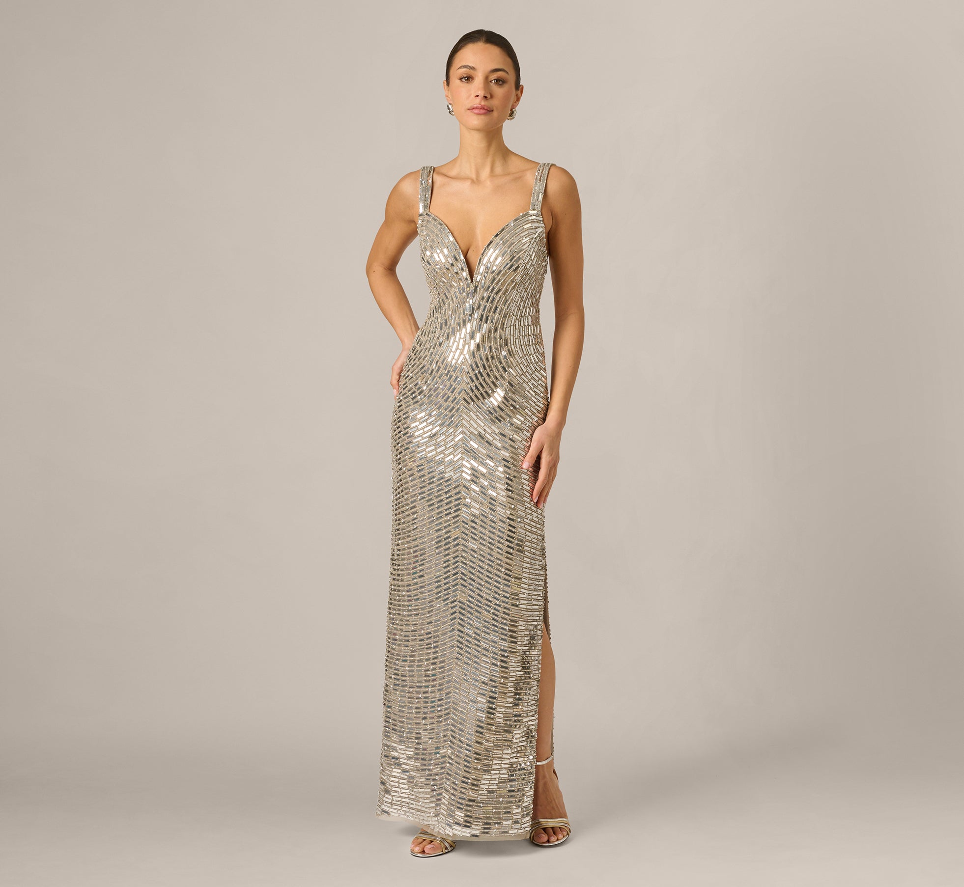 papell boutique evening beaded dress Plunge Neck Mirror Gown In Silver, Silver / Regular / 2 Size:48 Regular Jacket Full Coverage Plaid dress with blueberry Luncheon