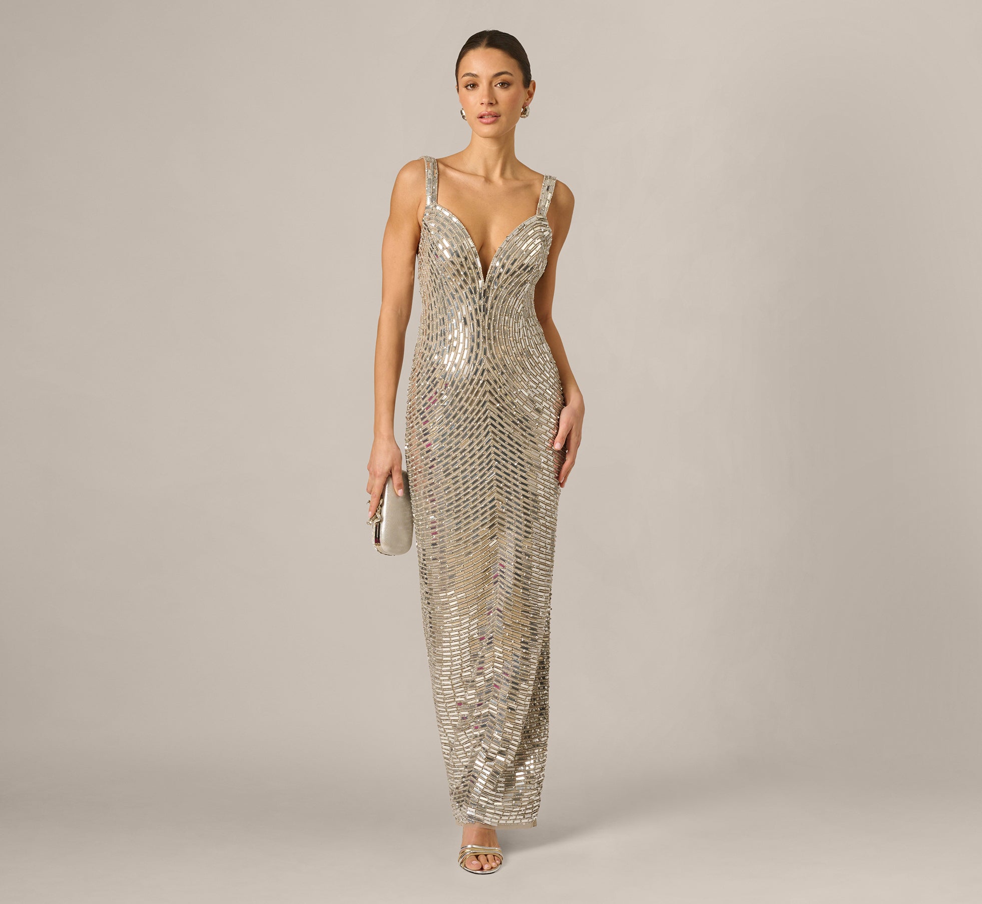 Plunge Neck Mirror Beaded Gown In Silver 1