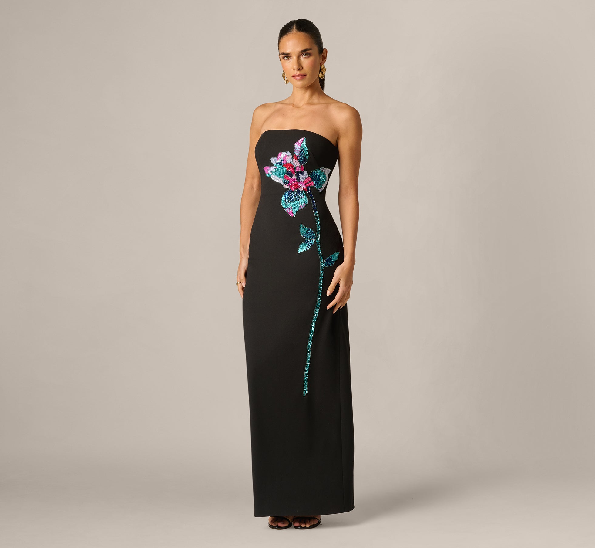 Black Strapless Beaded Placement Floral Gown