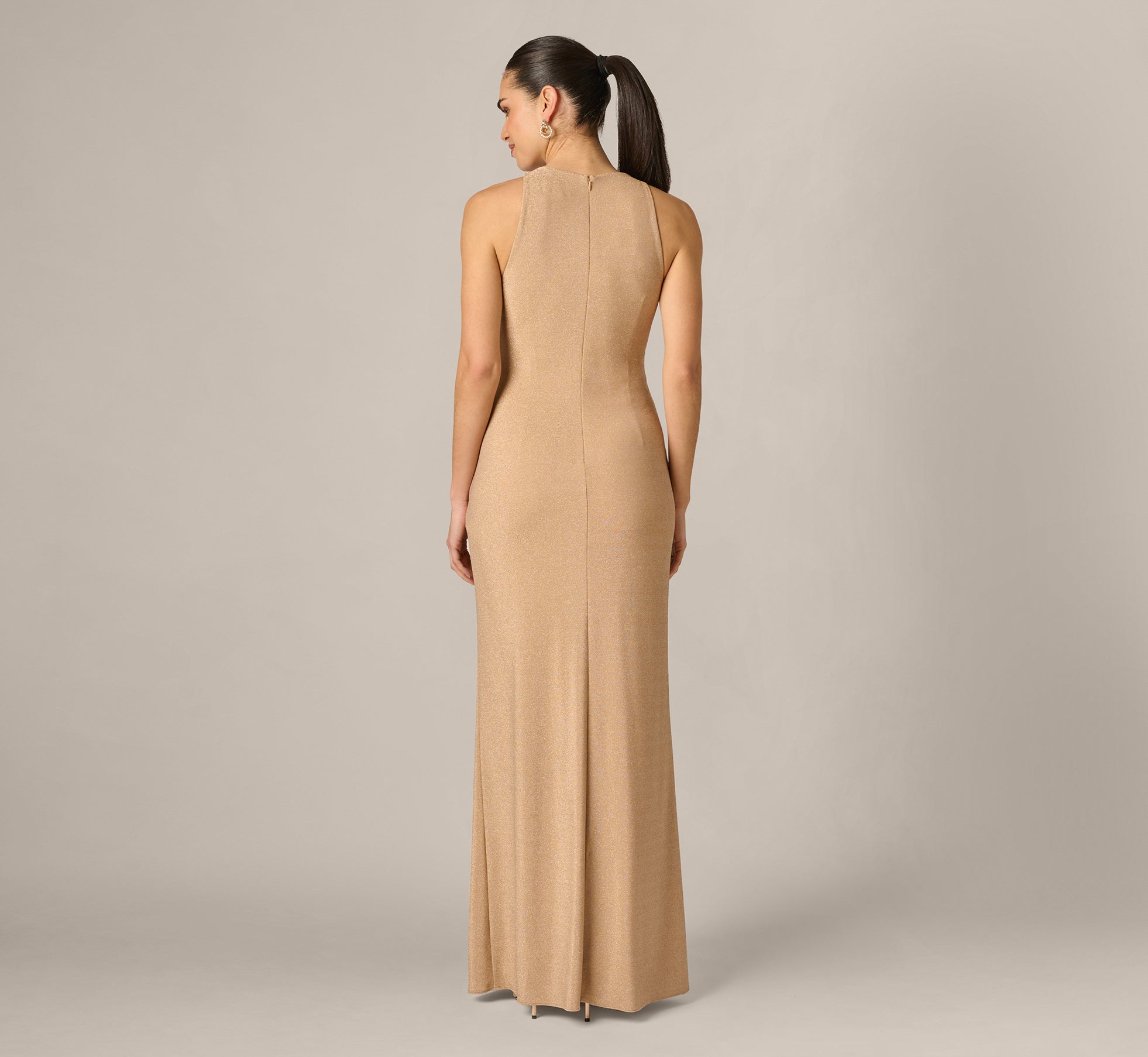 adrianna papell metallic knit draped dress Adrianna Women's Crew Neck Long Dress - Light Gold