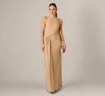 Metallic Stretch Knit Draped Gown In Light Gold 1
