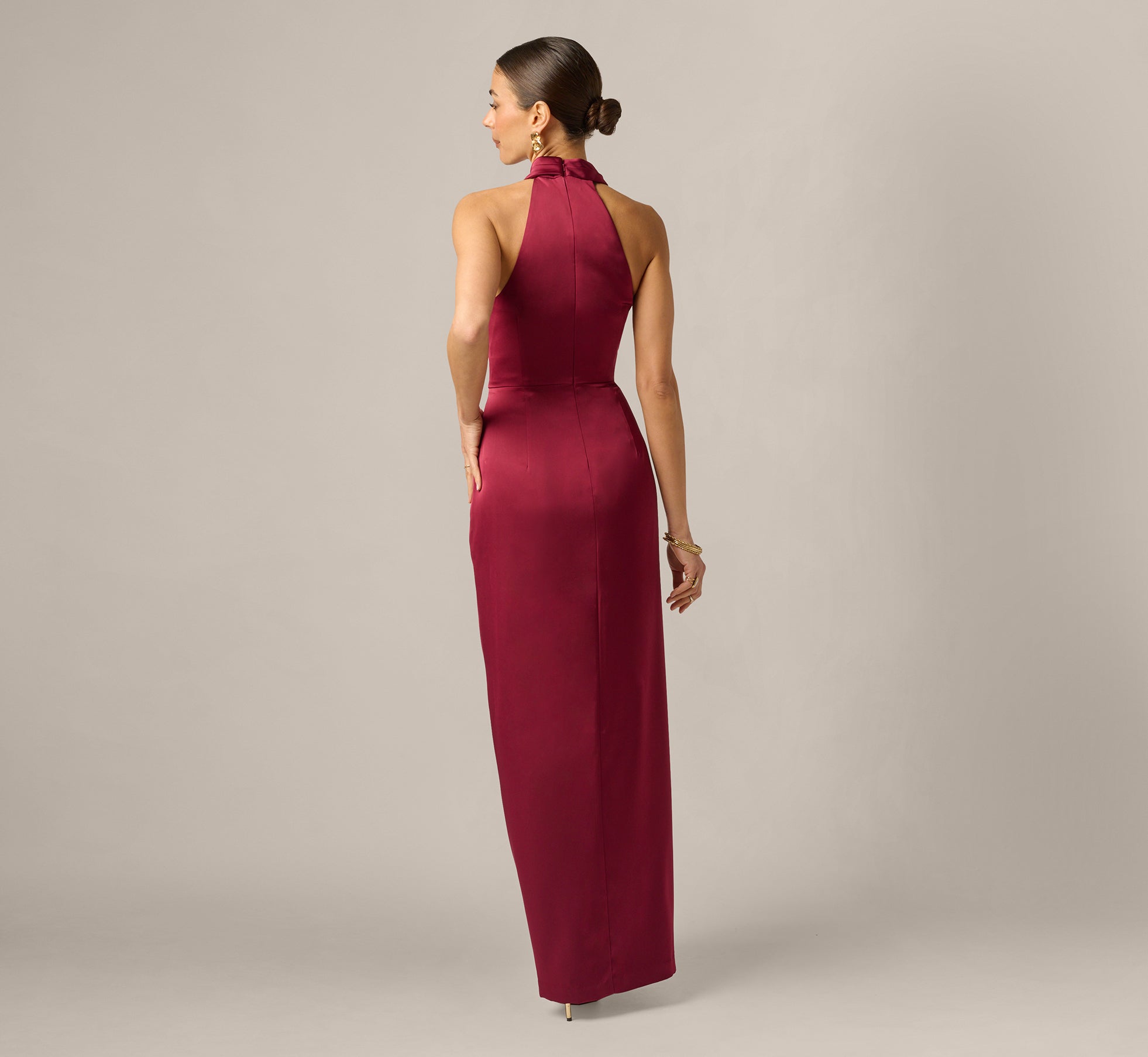 Adrianna Women's Stretch Satin Halter Neck Ball Gown - Crimson Haze
