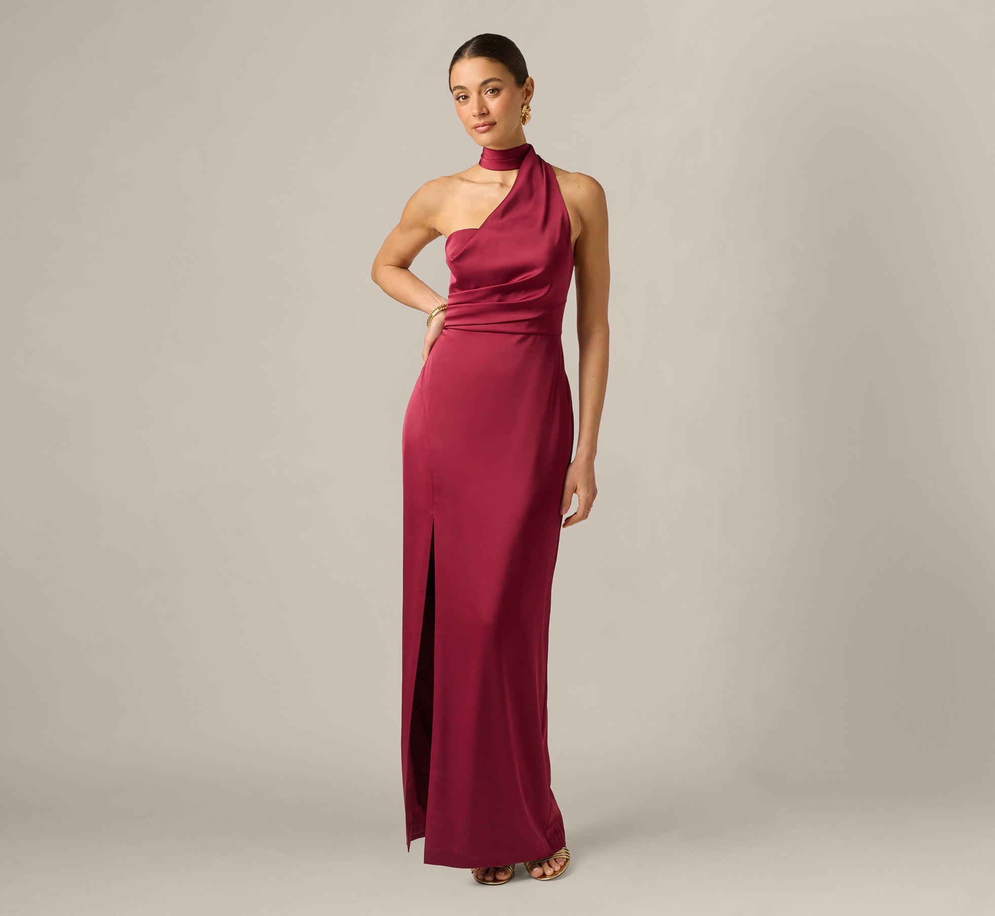 slim fit dress slacks Crimson Haze Stretch Satin Asymmetrical Halter Gown